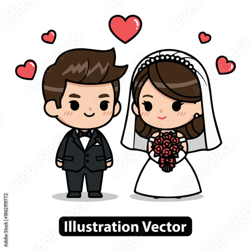 Delightful cartoon bride and groom in elegant attire, surrounded by floating hearts, celebrating commitment