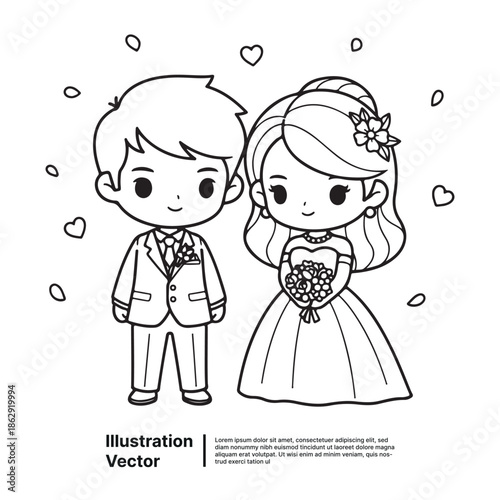 Charming cartoon bride and groom celebrating their joyful wedding day, surrounded by floating hearts