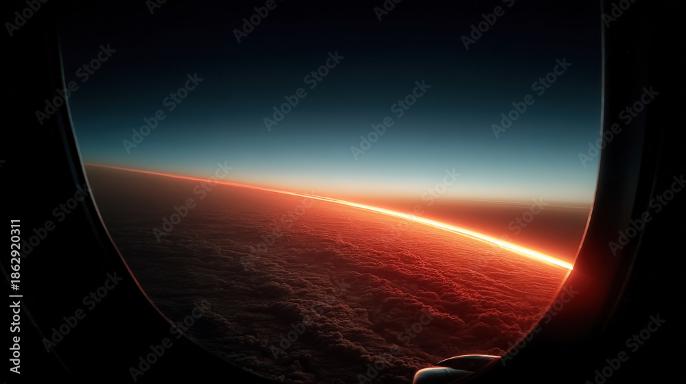 Fototapeta premium A breathtaking scene shows a colorful horizon at sunrise as seen from an airplane window Fiery orange and red clouds contrast against a deep blue sky