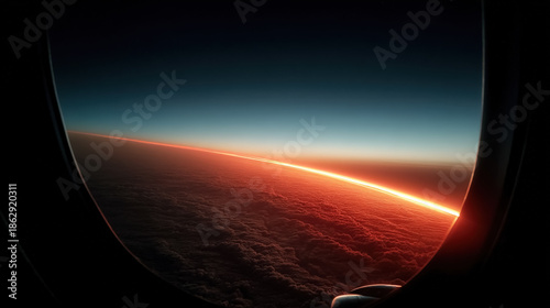 A breathtaking scene shows a colorful horizon at sunrise as seen from an airplane window Fiery orange and red clouds contrast against a deep blue sky