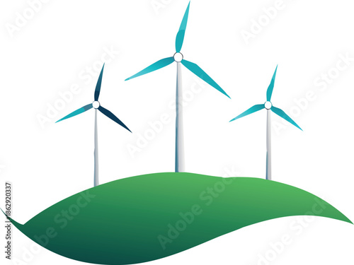 Three wind turbines stand on a vibrant green hill under a clear