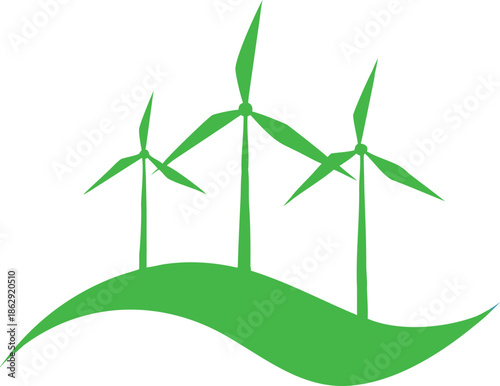 Green rolling hills with stylized wind turbines generate clean energy efficiently high quality