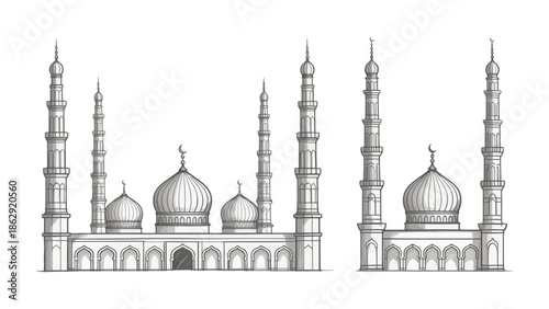 Elegant Mosque Architecture: A detailed sketch captures the graceful beauty of a mosque, showcasing its minarets, domes, and arches, a testament to its architectural splendor.