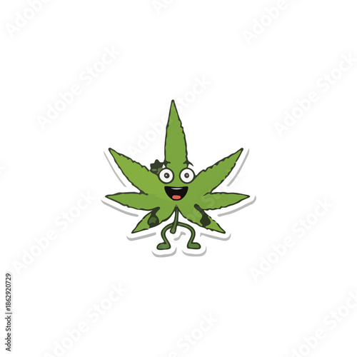 Cheerful cannabis leaf cartoon character with a wide, happy expression and a small plant detail, isolated on a white background, representing hemp wellness and positive culture.