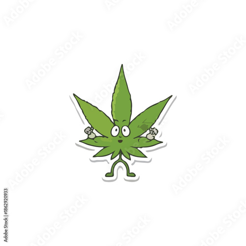 Funny cannabis leaf cartoon character holding bags of money, isolated on a white background, symbolizing the profitable legal marijuana and hemp industry