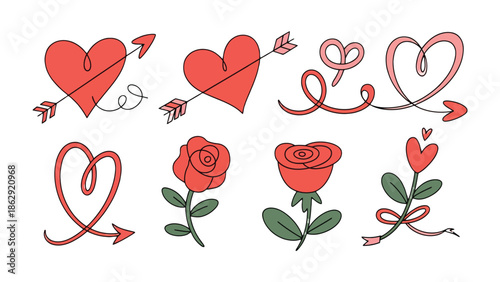 Valentine's Day Elements: A collection of charming Valentine's Day illustrations, including hearts pierced by arrows and delicate rose. These elements capture the essence of romance.
