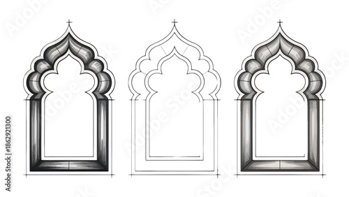 Elegant Archway Design: A showcase of architectural detail, revealing intricate archway designs with graceful curves and symmetrical forms, presented in monochrome.