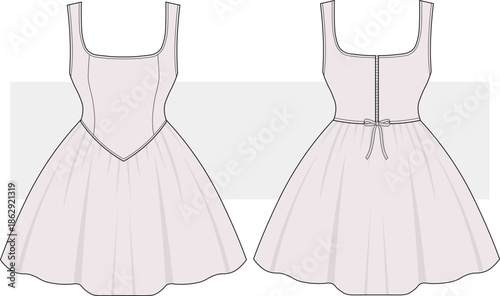 Women and Girls Bubble Hem Balloon Dress Fashion Technical Drawing, illustration. Top Corset detail mini Dress vector. Front view, Cad, Mockup.