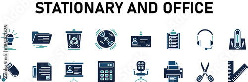 Stationery and Office Flat Icons Set Featuring Office Supplies, Workspace Equipment, and Business Tools in Minimal Flat Style