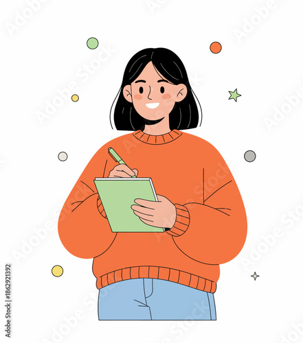 Illustration of a female student holding a book and ballpoint pen