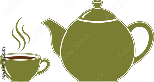 Olive green ceramic teapot with a steaming hot cup of tea or coffee for morning breakfast routine afternoon break and cozy cafe concepts isolated on white background.