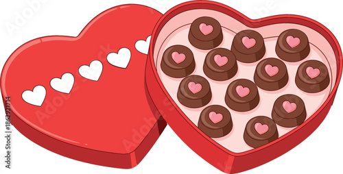 Romantic red heart shaped chocolate box filled with round dark pralines featuring pink hearts for Valentine's Day anniversary or sweet holiday gift celebration isolated on white background.