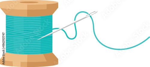 Wooden spool of teal blue sewing thread with a silver metal needle for tailoring embroidery dressmaking handicraft hobby and DIY fashion textile projects isolated on white background.