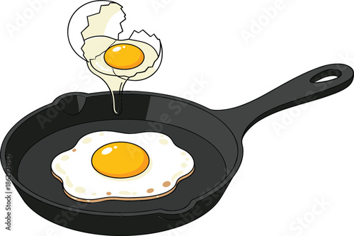 Fried egg cooking in a black cast iron skillet with a cracked eggshell pouring yolk for breakfast food preparation and kitchen culinary concepts isolated on white background.
