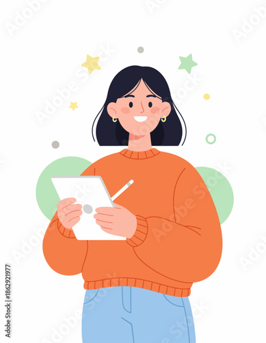 Illustration of a female student holding a book and ballpoint pen