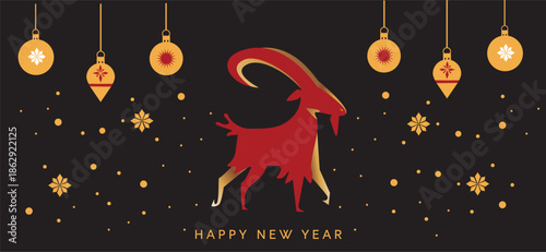 Chinese Year of the Goat. New Year 2027 Goat modern abstract banner featuring a stylized , festive stars, ornament for holiday greetings, Chinese zodiac themes and luxury greeting card