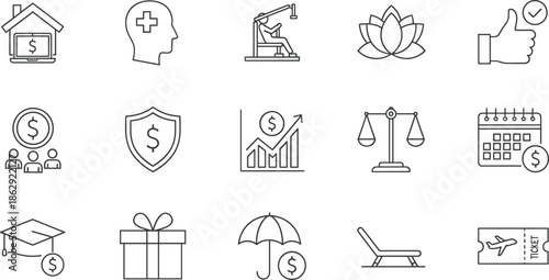 Finance, health, wellness, and lifestyle icons set, personal planning concept, cad drawing flat vector illustration, black and white
