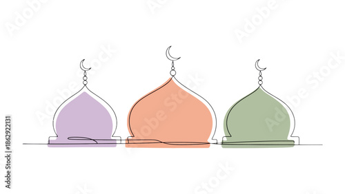 Islamic Dome Illustration: A captivating line drawing showcasing three stylized mosque domes with crescent moons, symbolizing faith, culture, and architectural beauty.