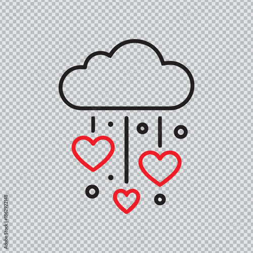 Minimalist vector illustration of a cloud raining down red hearts representing a shower of love and romance.