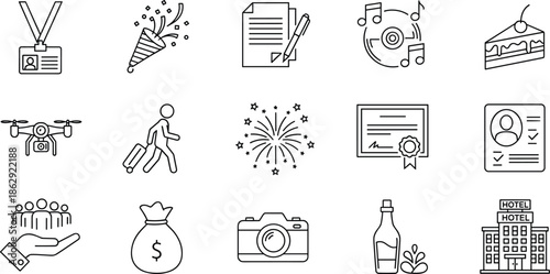 Lifestyle, celebration, travel, and event icons set, symbolic concept, cad drawing flat vector illustration, black and white design