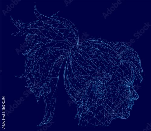 A low polygonal wireframe illustration of a girl's head and ponytail features intricate geometric shapes and lines on a solid blue background.
