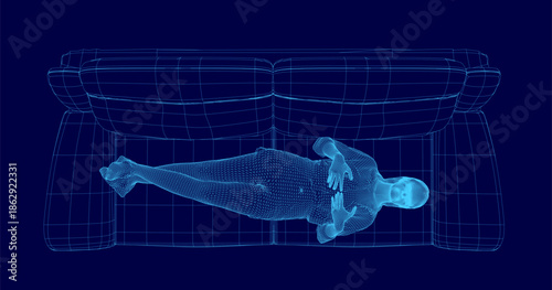 A 3D wireframe model of a girl lying relaxed on a sofa with her limbs spread out. The figure rests on the couch against a solid blue background.