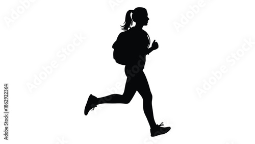Silhouette of a woman running with a backpack against a white background