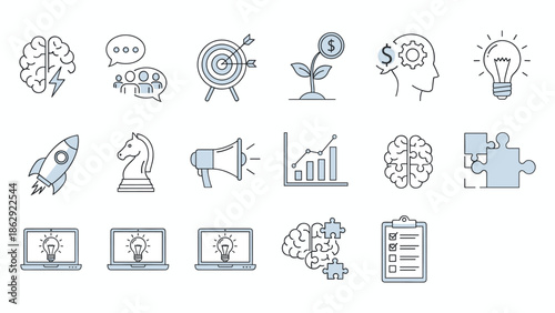 Business productivity icon set with strategy, innovation, teamwork, finance, planning, communication, launch, analysis, creativity, problem-solving - flat vector illustration