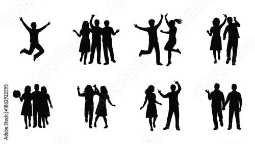 Silhouettes of joyful people celebrating jumping and interacting in a group setting