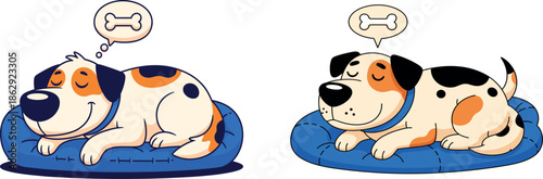 Cute cartoon dog sleeping on blue pet bed dreaming of a bone vector illustration set for animal care and veterinary clinic branding.