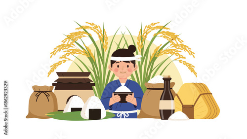 Japanese farmer in traditional blue clothing holding a bowl of fresh white rice surrounded by golden rice stalks and onigiri.