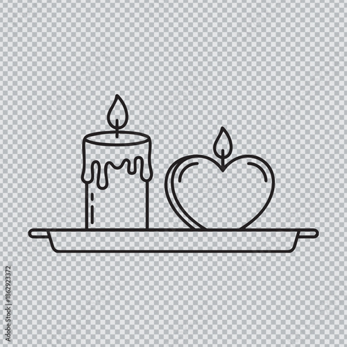Romantic candlelight composition featuring a cylindrical and a heart-shaped candle on a tray in minimalist black and white outline vector style.