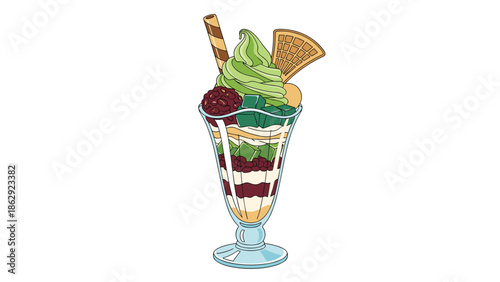 Japanese matcha green tea parfait with soft serve waffle red beans and jelly cubes in a glass for a traditional treat.