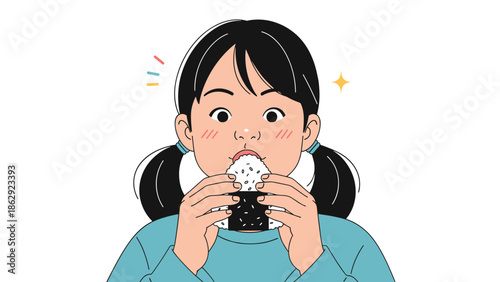 Young girl with pigtails eating a delicious onigiri rice ball with a happy expression on a plain white background.