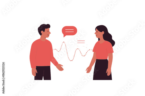 Two individuals engaging in a dynamic conversation with a speech bubble and wave graphic isolated on white background