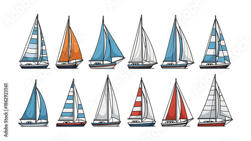 Sailboat Collection Illustration, Various Colorful Sailboats, Graphic Design, Digital Vector Art, Top View, Nautical Concept