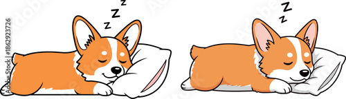 Cute cartoon Welsh Corgi puppy sleeping on white pillow dreaming with zzz symbols vector illustration set for pet care and animal lover branding.