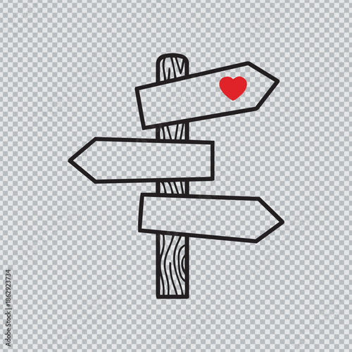 Hand-drawn style wooden directional signpost vector illustration with multiple arrows and a red heart pointing the way to love.
