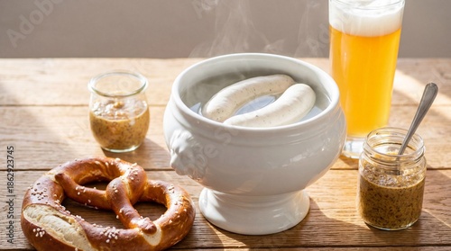 Authentic Bavarian Weisswurst breakfast with white sausages in a tureen, a pretzel, sweet mustard, and wheat beer on a sunny wooden table.