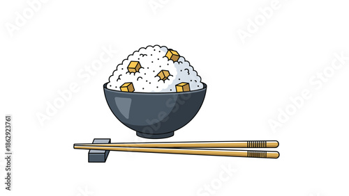 Bowl of steaming white rice topped with cubes of sweet potato and served with traditional wooden chopsticks on a rest.