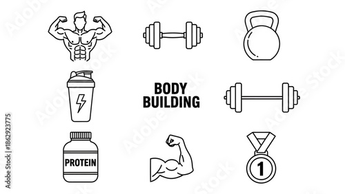 Bodybuilding Fitness Icons with Dumbbell, Kettlebell, Protein, Medal, and Muscle Illustration Set