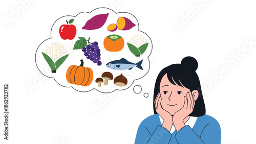 Girl dreaming of various autumn food items like apples pumpkins grapes mushrooms and fish in a fluffy thought bubble.