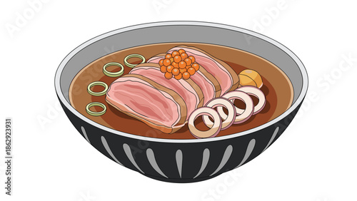 Bowl of Japanese duck ramen or soba soup with sliced meat orange roe and green onions in a dark ceramic bowl.