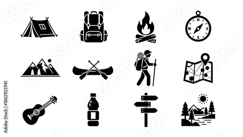 Camping Adventure Equipment Hiking Backpack Tent Map Compass Outdoor Nature Lifestyle Illustration