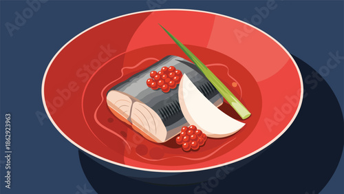 Sliced fish topped with salmon roe and green vegetables served in a rich broth within a traditional red Japanese bowl.