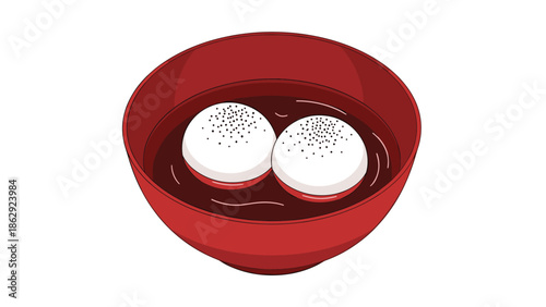 Traditional Japanese zenzai or oshiruko red bean soup with two soft white mochi rice cakes served in a red lacquer bowl.