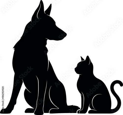 Black silhouette of a sitting dog and cat looking at each other flat vector illustration isolated on white background for pet care and veterinary concept.