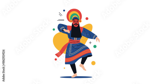 Illustration of a traditional Indian dancer performing a classical dance in vibrant costumes with a decorative background.