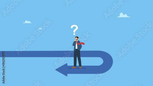 Frustrated businessman or investor looking at his reverse direction pathway. Business turning point, break event or change direction, reverse back, interest rate or financial trend change.