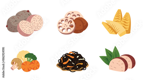 Set of Japanese food ingredients including taro lotus root bamboo shoots and seaweed used in traditional festive cooking.